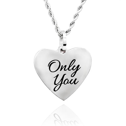 "Only You" Engraved Heart Pendant Necklace with Ruby Crystal Heart - Personalize with Engraved Message on Back