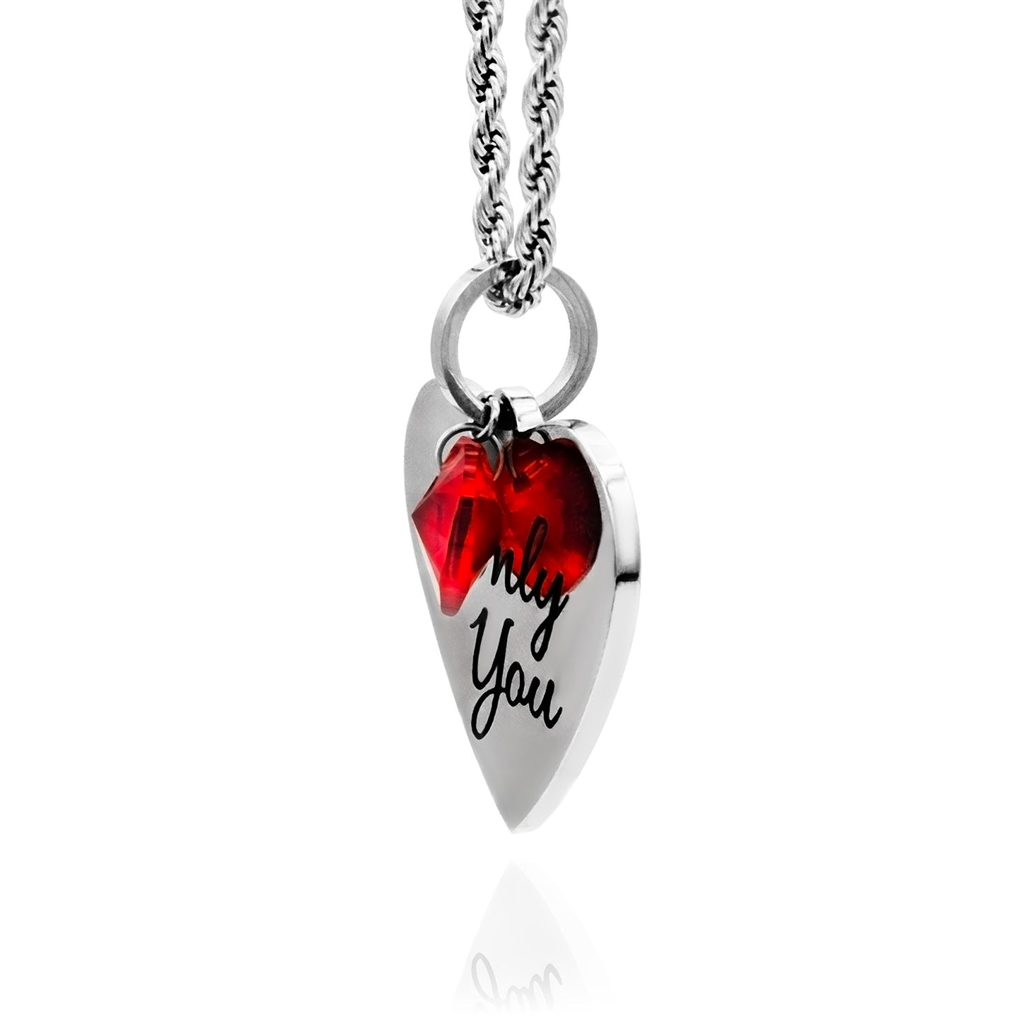 "Only You" Engraved Heart Pendant Necklace with Ruby Crystal Heart - Personalize with Engraved Message on Back