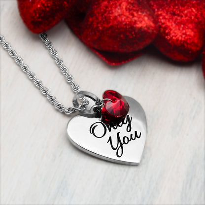 "Only You" Engraved Heart Pendant Necklace with Ruby Crystal Heart - Personalize with Engraved Message on Back