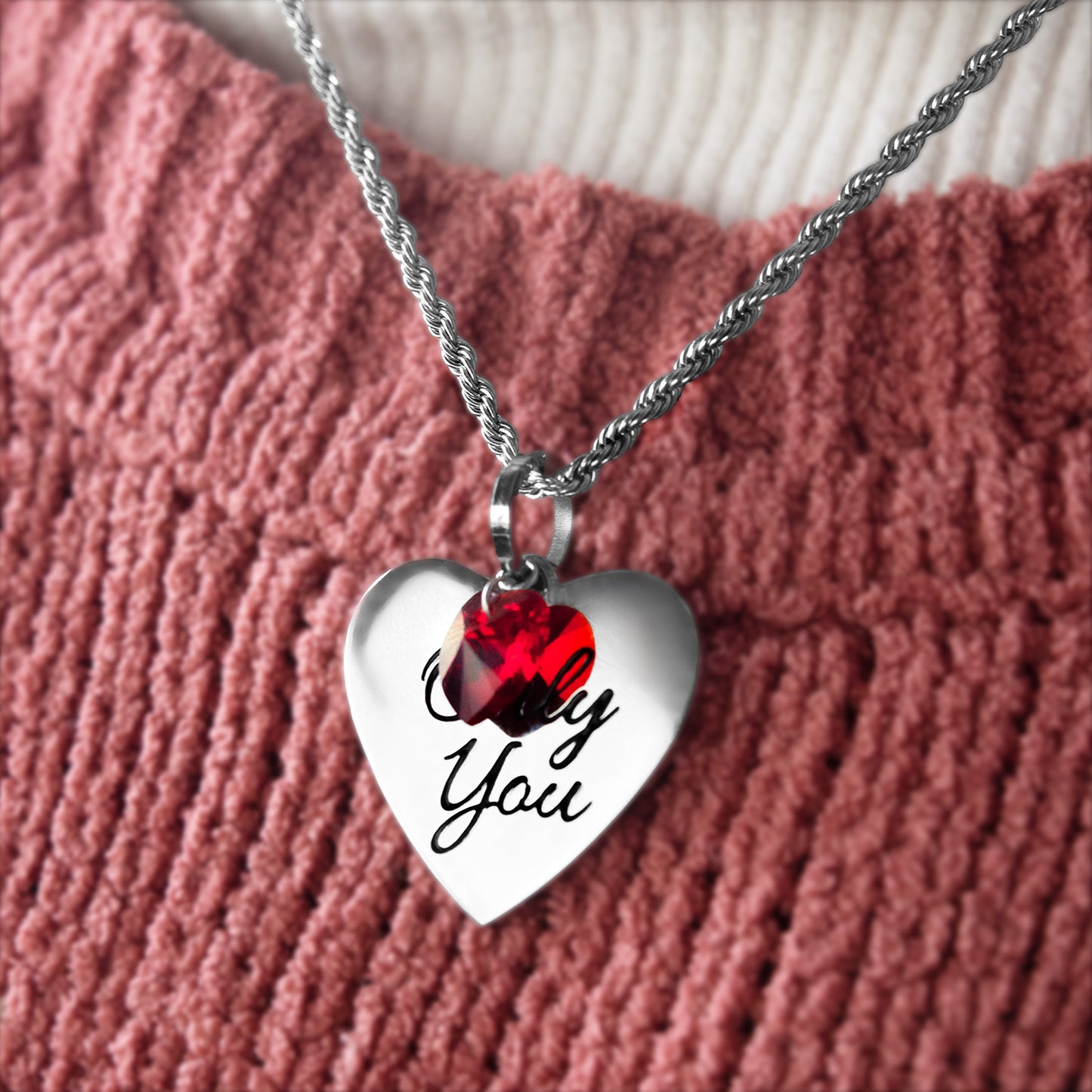 "Only You" Engraved Heart Pendant Necklace with Ruby Crystal Heart - Personalize with Engraved Message on Back