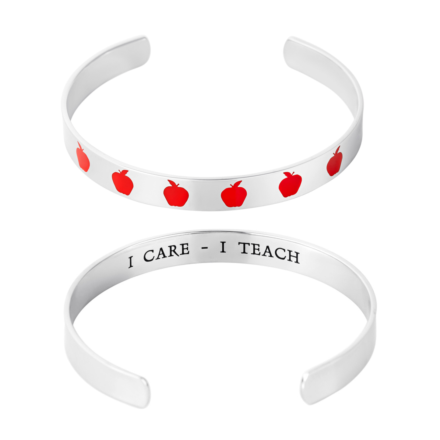 I Care I Teach Apple Cuff Bracelet - Stainless Steel Teacher Appreciation Gift