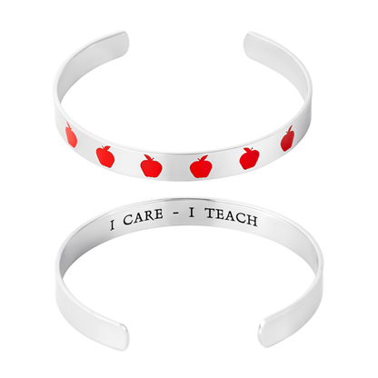 I Care I Teach Apple Cuff Bracelet - Stainless Steel Teacher Appreciation Gift