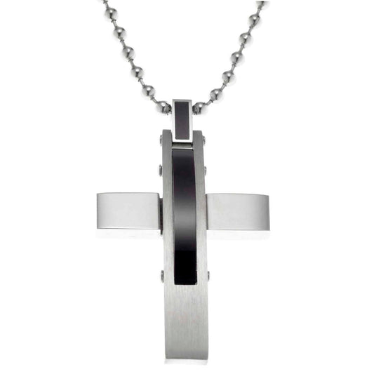 Stainless Steel and Black Carbon Men's Cross Pendant Necklace - Religious Jewelry Gift
