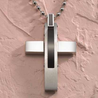 Stainless Steel and Black Carbon Men's Cross Pendant Necklace - Religious Jewelry Gift