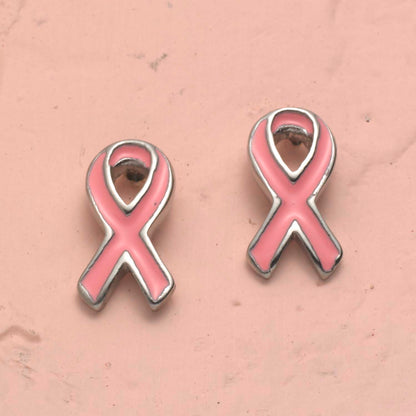 Steel Tone Pink Epoxy Breast Cancer Awareness Ribbon Earrings