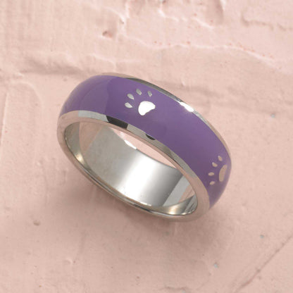 Purple Enamel Steel Paw Print Ring - Animal Lover Jewelry Gift