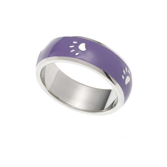 Purple Enamel Steel Paw Print Ring - Animal Lover Jewelry Gift