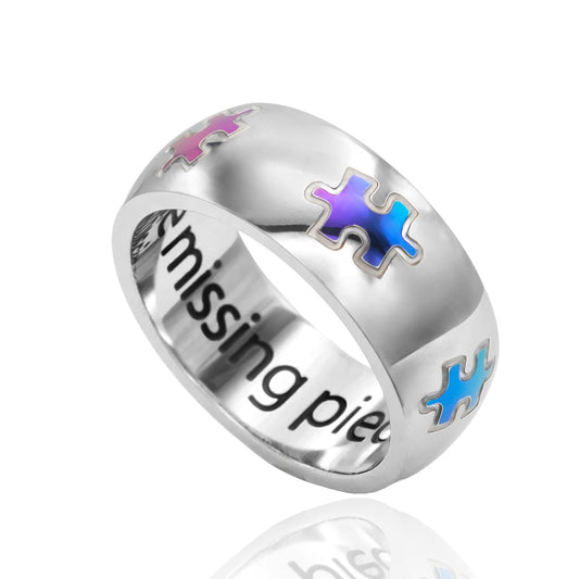 Autism Awareness Puzzle Ring  "Lets find all the missing pieces" Stainless Steel