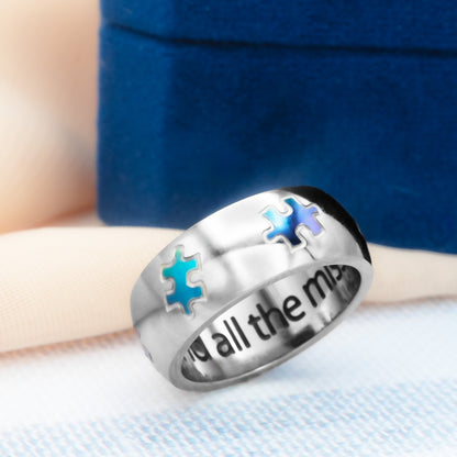 Autism Awareness Puzzle Ring  "Lets find all the missing pieces" Stainless Steel