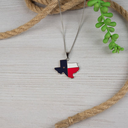 Texas State Map Outline Pendant Necklace with Lone Star and Flag Colors