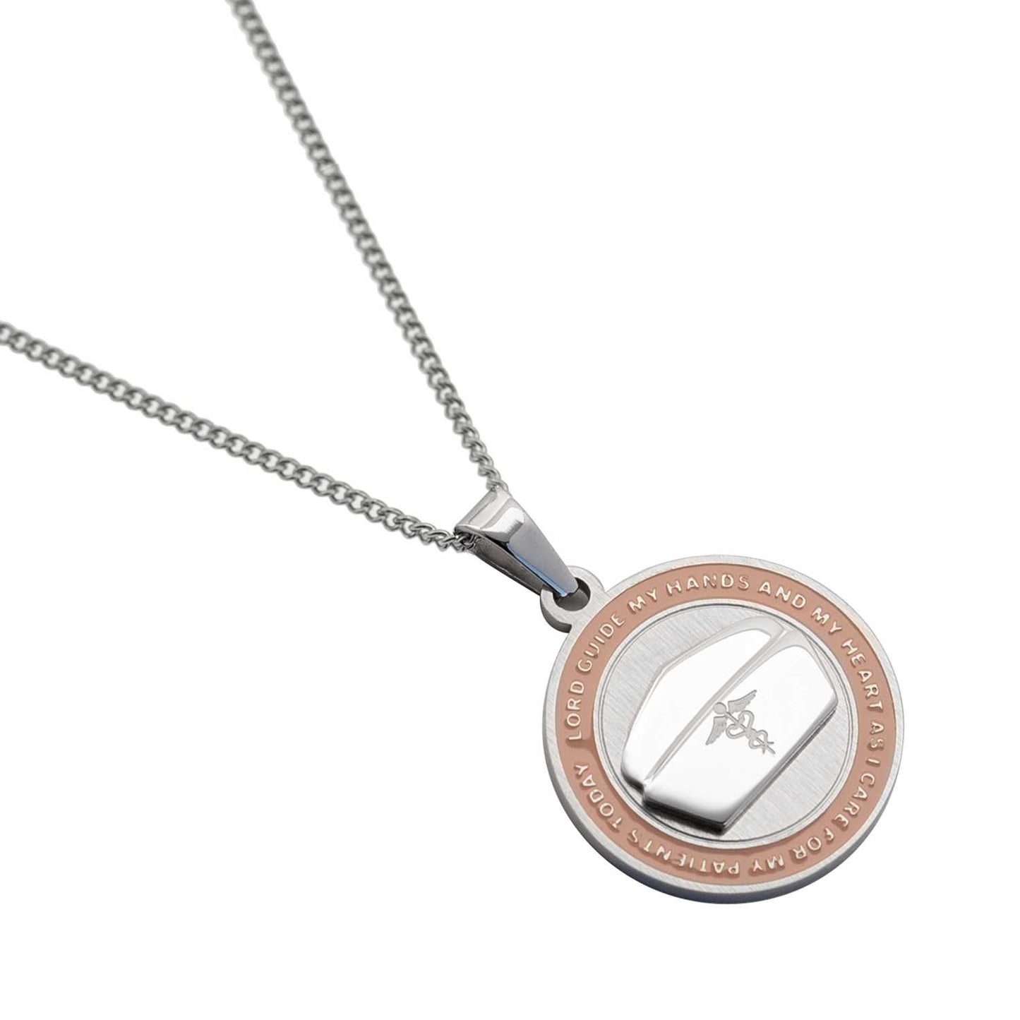 Engraved Stainless Steel Round Nurse's Prayer Pendant Necklace with Pink Enamel