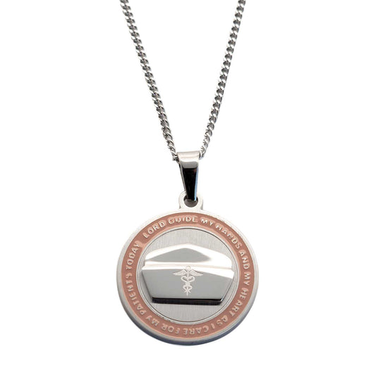 Engraved Stainless Steel Round Nurse's Prayer Pendant Necklace with Pink Enamel