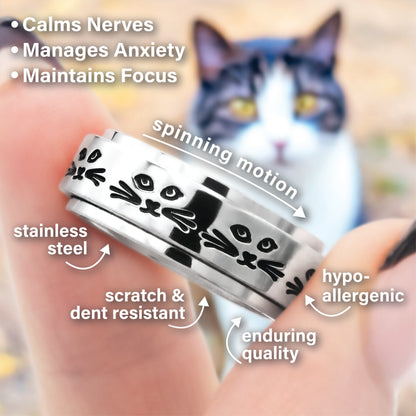 Cat Lady Spinner Ring Cat Faces Gift for Cat Lovers Stainless Steel Fidget Ring Jewelry for Women Men Girls