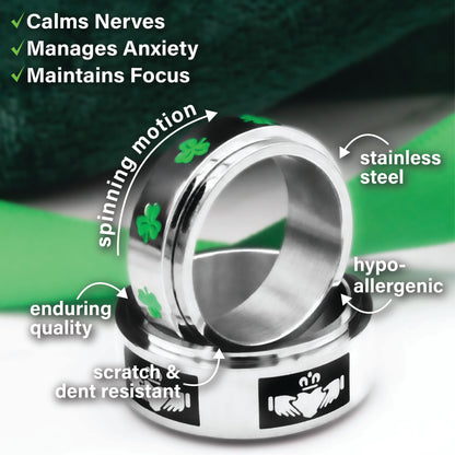 Irish Shamrock Spinner Ring with Green Enamel Stainless Steel Good Luck Jewelry for Women or Men Fidget Spinner Ring