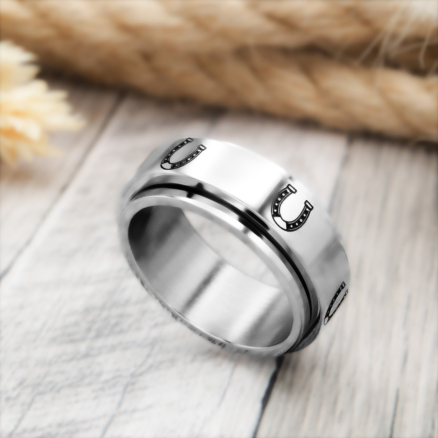 Stainless Steel Lucky Horseshoe Spinner Ring - Equestrian Jewelry Gift for Horse Lovers