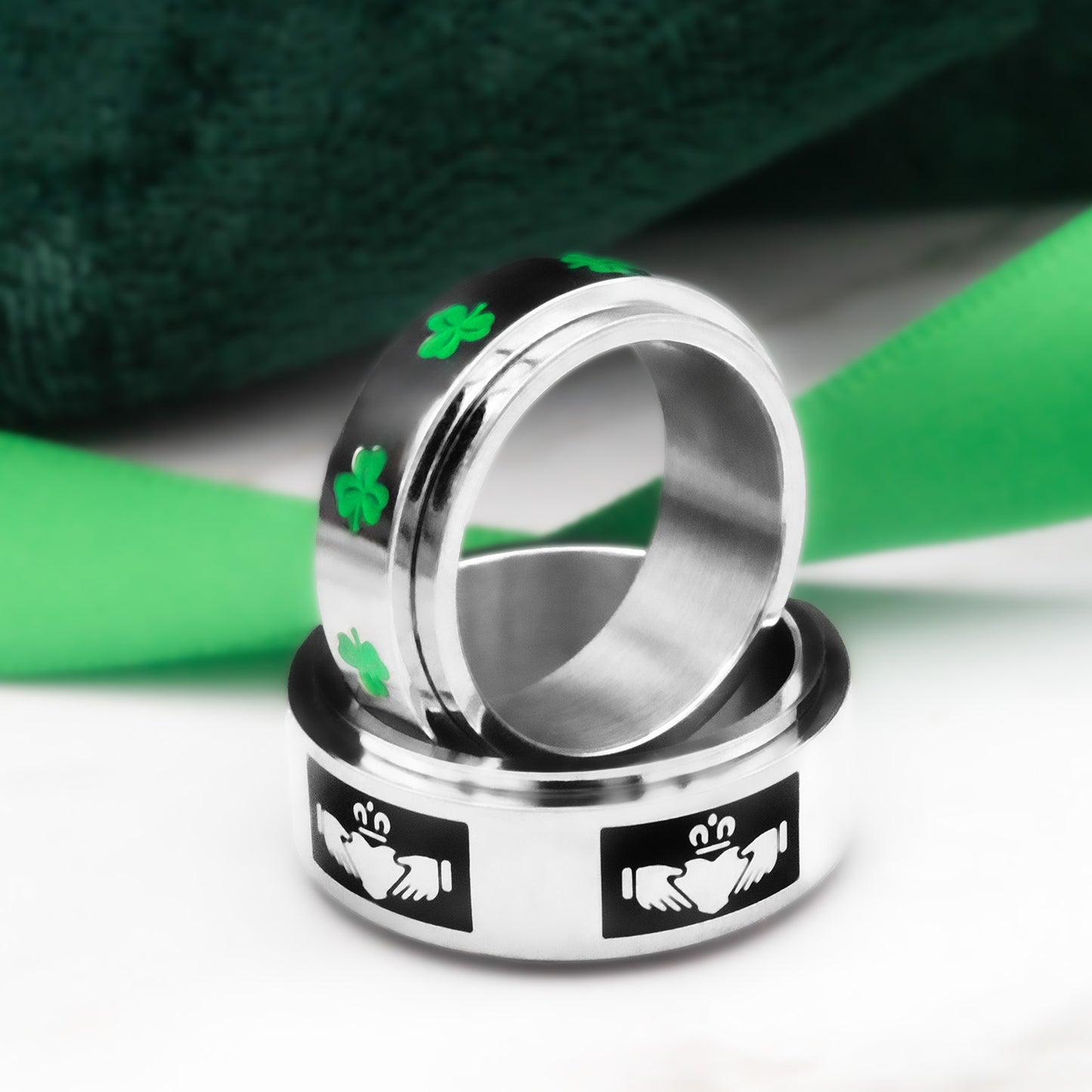 Irish Shamrock Spinner Ring with Green Enamel Stainless Steel Good Luck Jewelry for Women or Men Fidget Spinner Ring