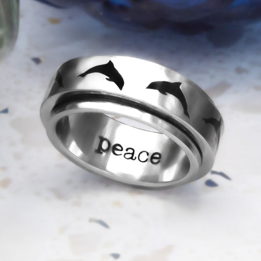 Peace Dolphin Spinner Ring - Stainless Steel Anxiety Stress Relief Ring Fidget Spinner Ring