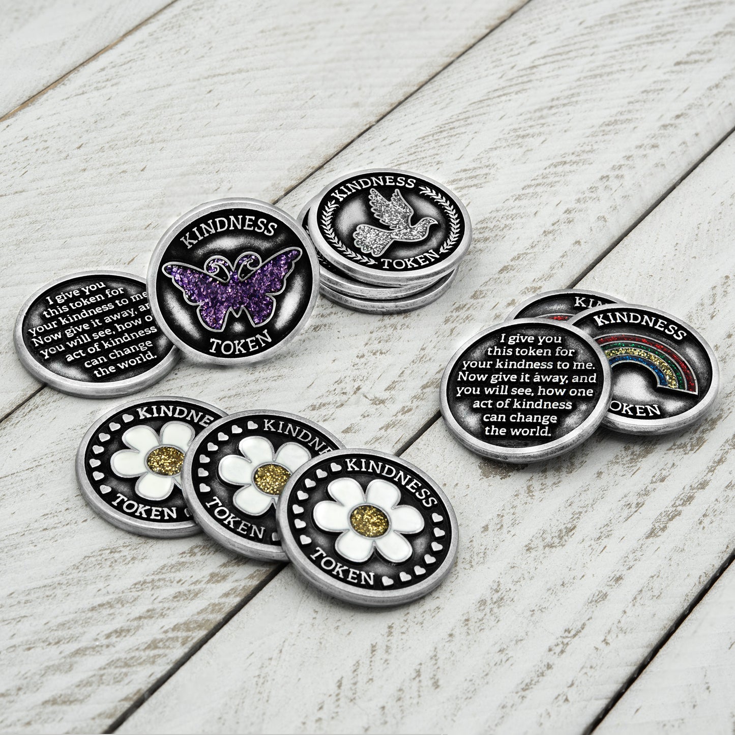 Kindness Tokens Pewter Appreciation Coins with Inspirational Messages Set of 3 or Collection of 12