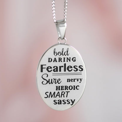 Fearless Inspirational Pendant Necklace for Women - Engraved Stainless Steel Oval Pendant with Empowering Words