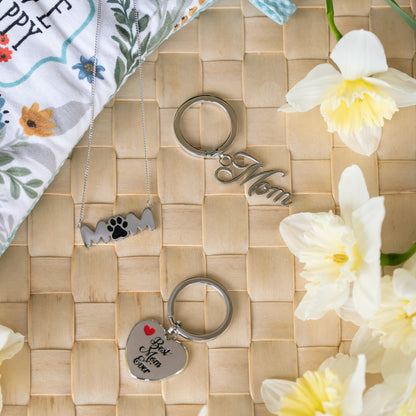 Stainless Steel "Mom" Script Letter Keyring